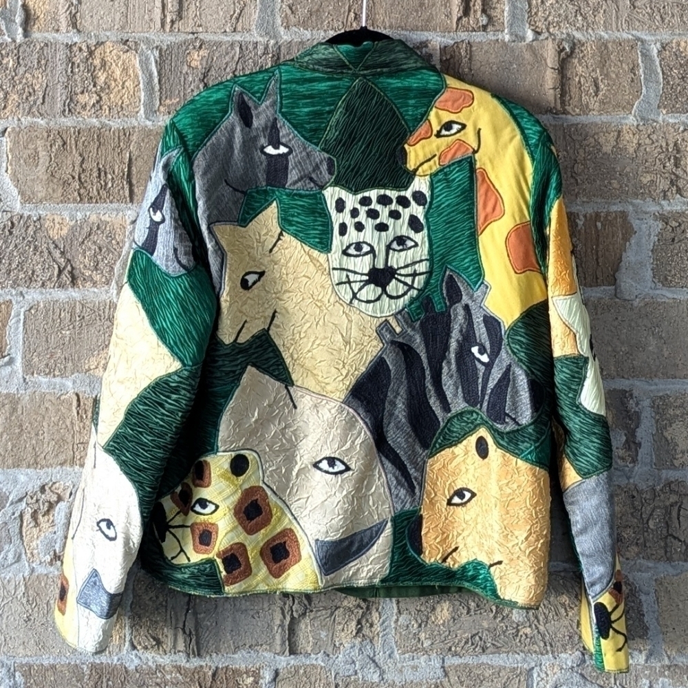 Vintage 90s Anage Jungle Cats Giraffe Zebra Patchwork Blazer Size Small - Picture 10 of 13